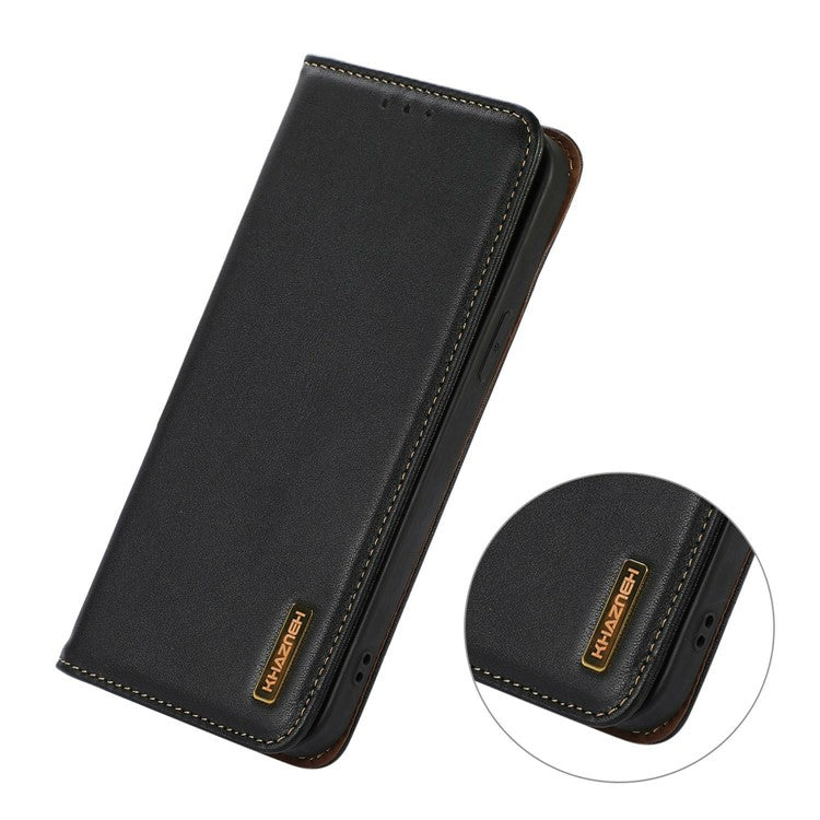 KHAZNEH For OnePlus 13 Case Genuine Cow Leather Wallet Phone Cover Nappa Texture - Black
