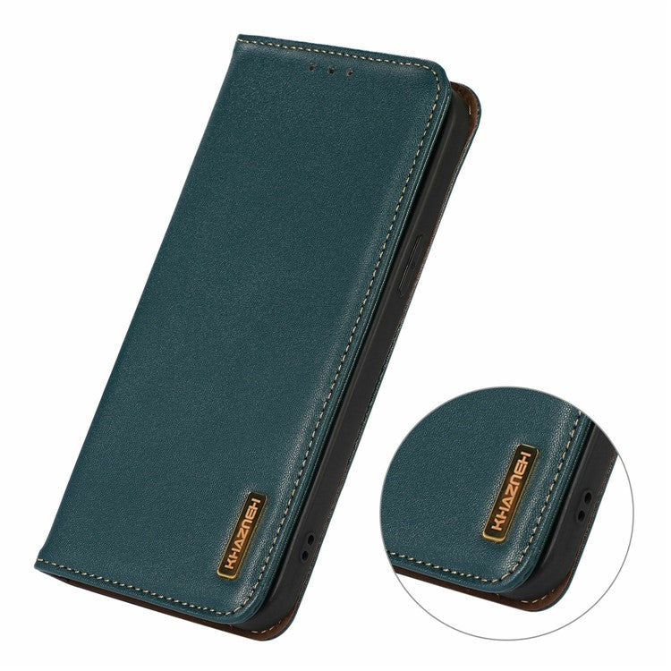 KHAZNEH For OnePlus 13 Case Genuine Cow Leather Wallet Phone Cover Nappa Texture - Green