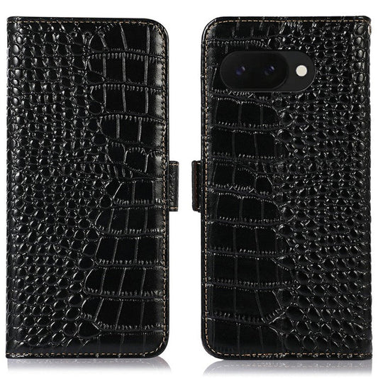 For Google Pixel 9a Case Crocodile Texture Genuine Cow Leather Phone Wallet Cover - Black