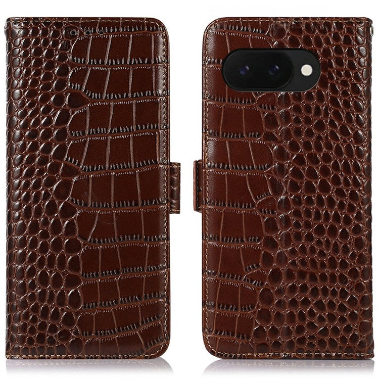 For Google Pixel 9a Case Crocodile Texture Genuine Cow Leather Phone Wallet Cover - Brown