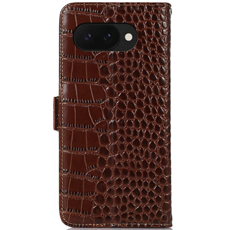 For Google Pixel 9a Case Crocodile Texture Genuine Cow Leather Phone Wallet Cover - Brown