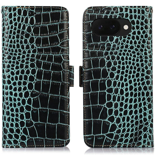 For Google Pixel 9a Case Crocodile Texture Genuine Cow Leather Phone Wallet Cover - Green