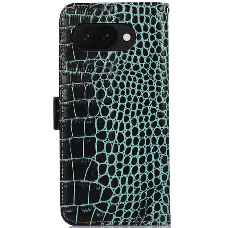 For Google Pixel 9a Case Crocodile Texture Genuine Cow Leather Phone Wallet Cover - Green