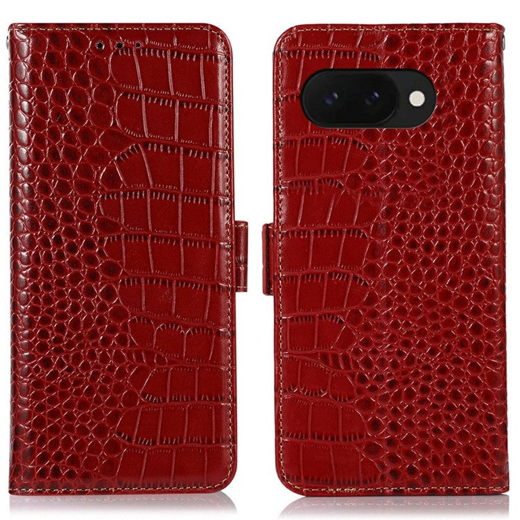 For Google Pixel 9a Case Crocodile Texture Genuine Cow Leather Phone Wallet Cover - Red