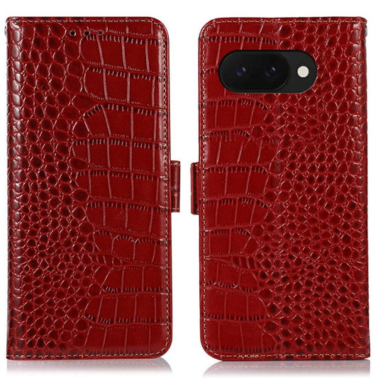 For Google Pixel 9a Case Crocodile Texture Genuine Cow Leather Phone Wallet Cover - Red