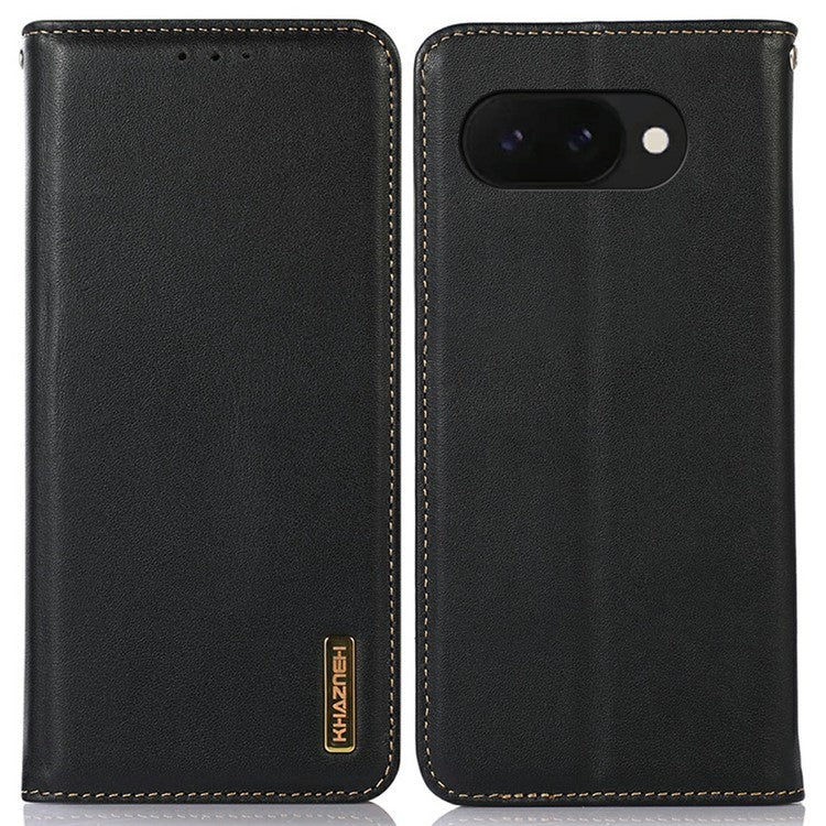 KHAZNEH For Google Pixel 9a Case Genuine Cow Leather Wallet Phone Cover Nappa Texture - Black