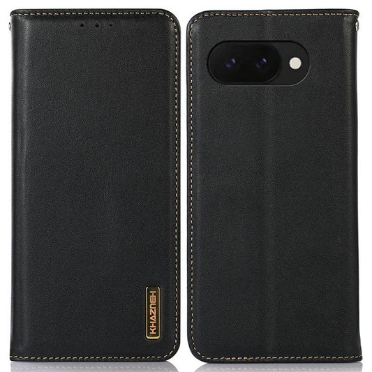 KHAZNEH For Google Pixel 9a Case Genuine Cow Leather Wallet Phone Cover Nappa Texture - Black
