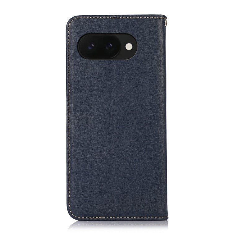 KHAZNEH For Google Pixel 9a Case Genuine Cow Leather Wallet Phone Cover Nappa Texture - Blue