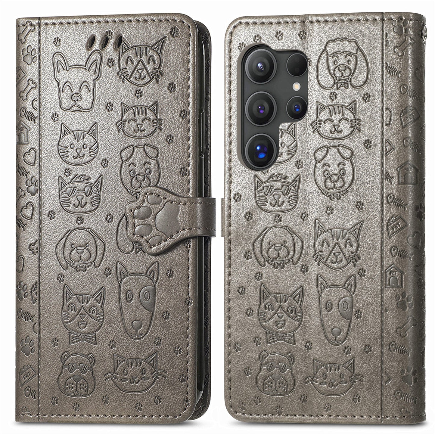 For Samsung Galaxy S25 Ultra Leather Case Wallet Flip Phone Cover Cute Cat Dog Pattern - Grey