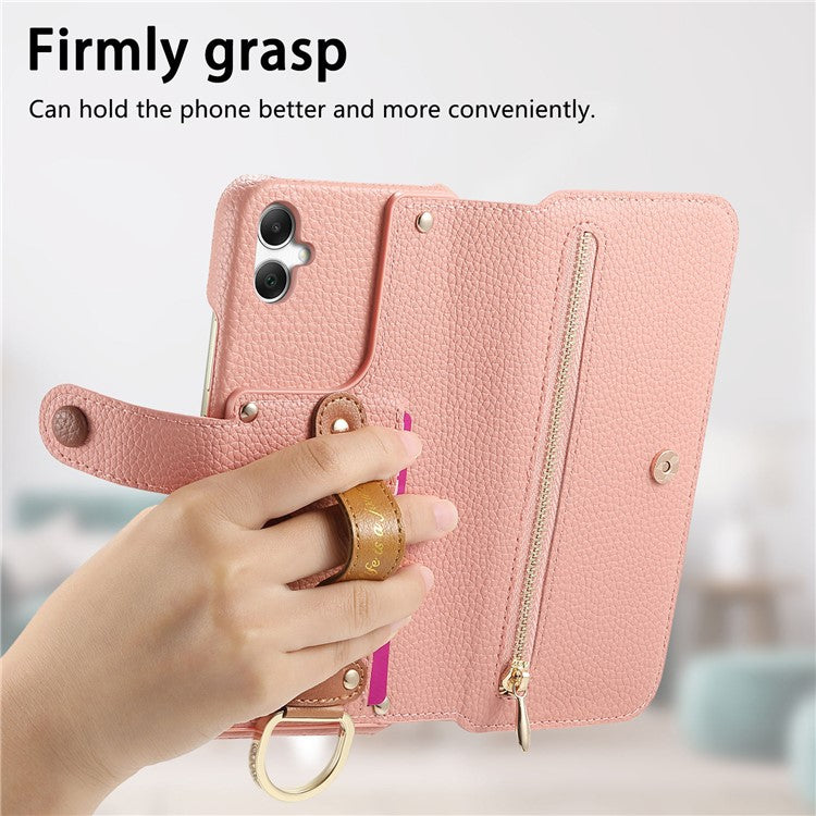 For Samsung Galaxy A05 4G Case RFID Blocking Zipper Wallet PU Leather Mobile Cover - Pink