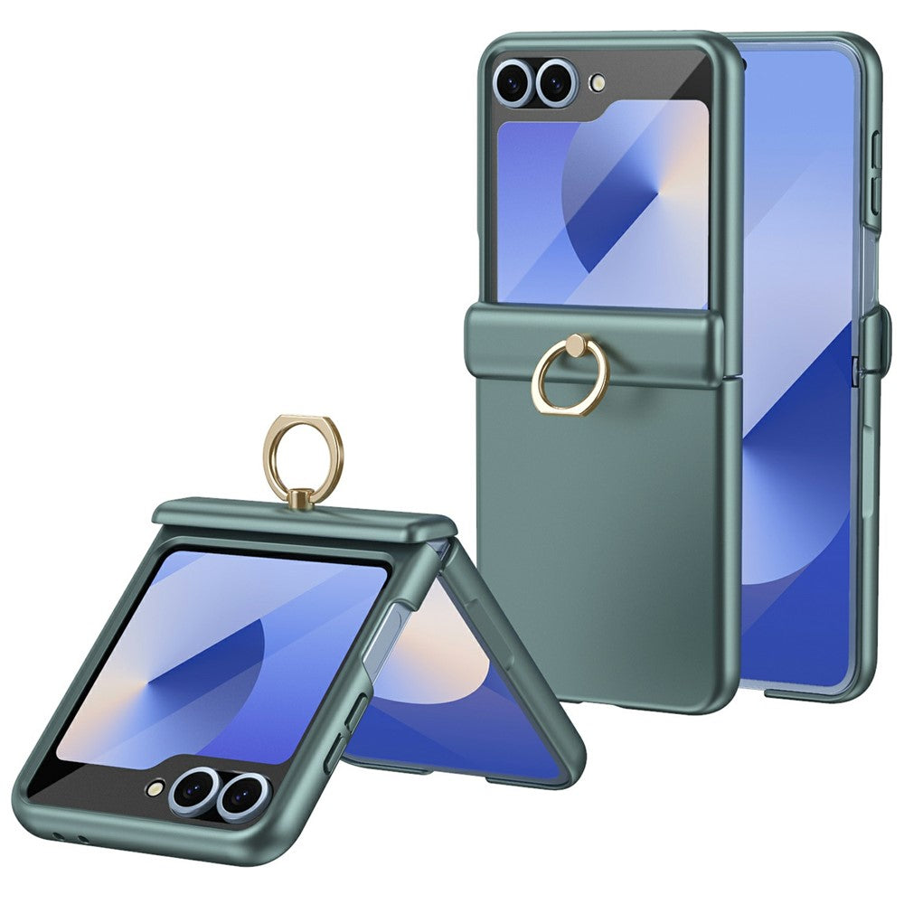 For Samsung Galaxy Z Flip7 FE 5G / Z Flip6 5G Case with Tempered Glass Film Ring Holder Kickstand PC Phone Cover - Green