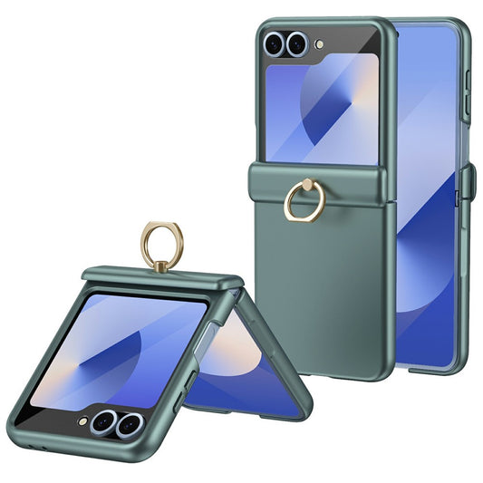 For Samsung Galaxy Z Flip7 FE 5G / Z Flip6 5G Case with Tempered Glass Film Ring Holder Kickstand PC Phone Cover - Green