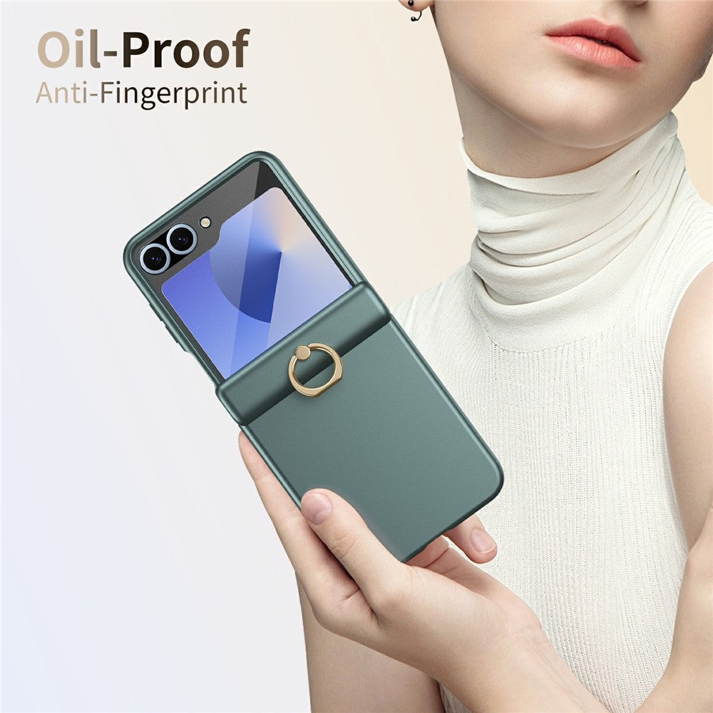 For Samsung Galaxy Z Flip7 FE 5G / Z Flip6 5G Case with Tempered Glass Film Ring Holder Kickstand PC Phone Cover - Green