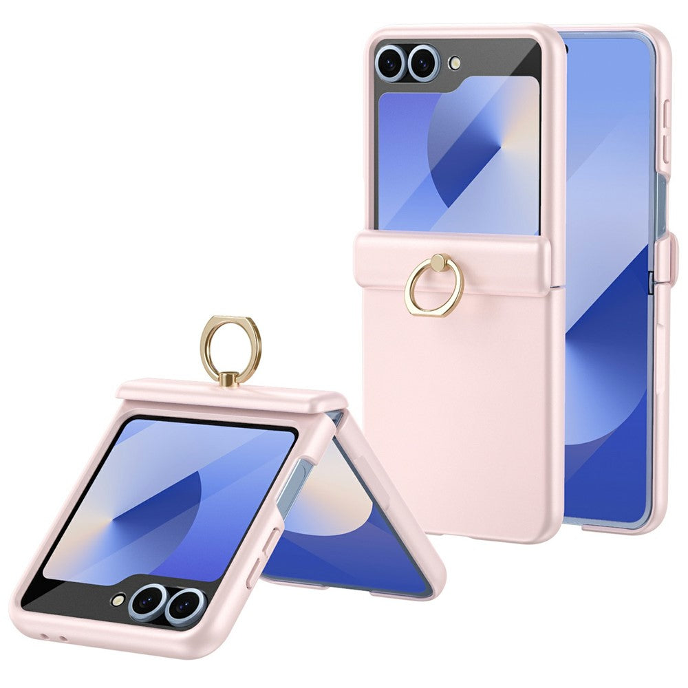 For Samsung Galaxy Z Flip7 FE 5G / Z Flip6 5G Case with Tempered Glass Film Ring Holder Kickstand PC Phone Cover - Pink