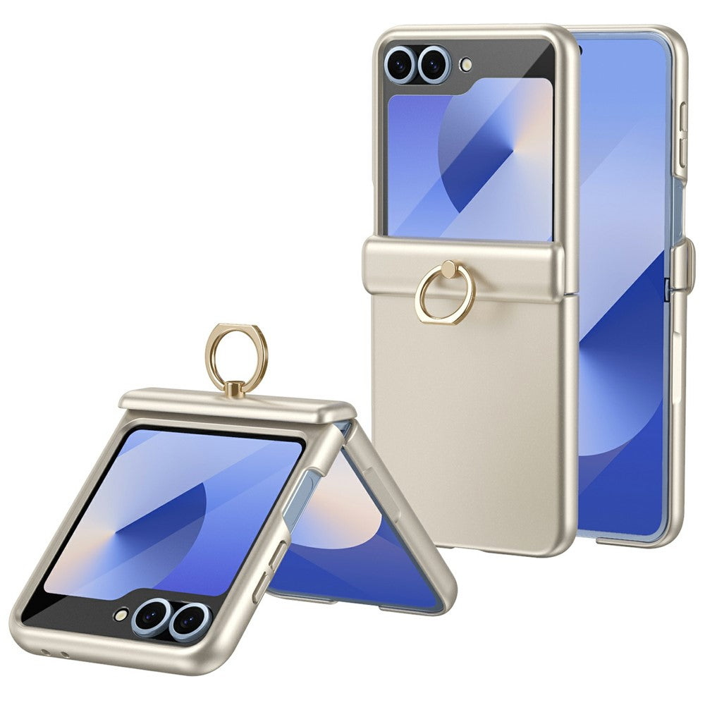 For Samsung Galaxy Z Flip7 FE 5G / Z Flip6 5G Case with Tempered Glass Film Ring Holder Kickstand PC Phone Cover - Gold