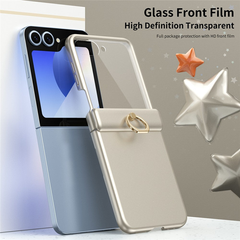 For Samsung Galaxy Z Flip7 FE 5G / Z Flip6 5G Case with Tempered Glass Film Ring Holder Kickstand PC Phone Cover - Gold