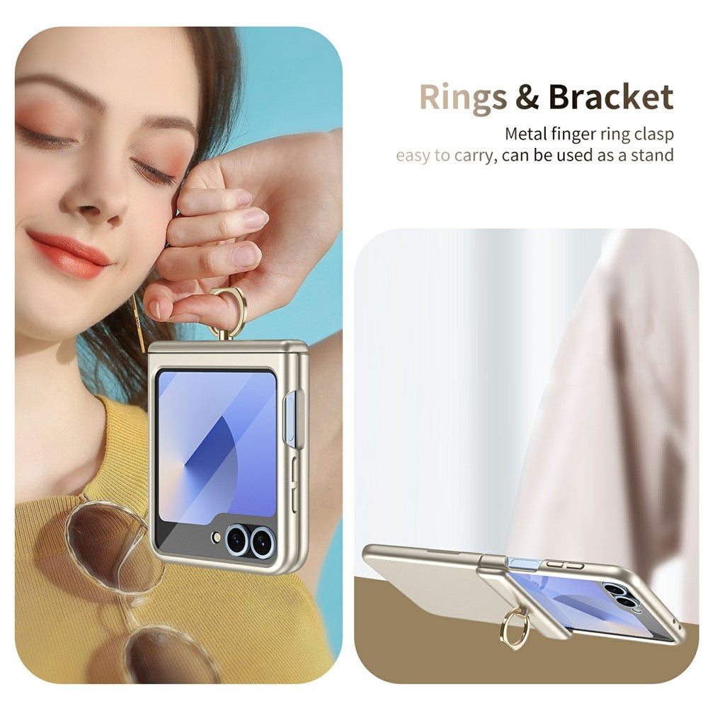 For Samsung Galaxy Z Flip7 FE 5G / Z Flip6 5G Case with Tempered Glass Film Ring Holder Kickstand PC Phone Cover - Gold