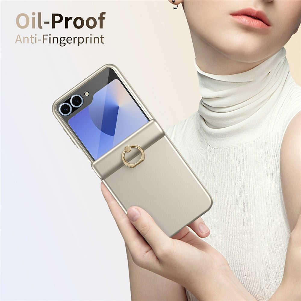 For Samsung Galaxy Z Flip7 FE 5G / Z Flip6 5G Case with Tempered Glass Film Ring Holder Kickstand PC Phone Cover - Gold