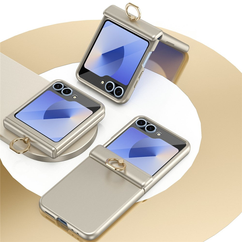 For Samsung Galaxy Z Flip7 FE 5G / Z Flip6 5G Case with Tempered Glass Film Ring Holder Kickstand PC Phone Cover - Gold