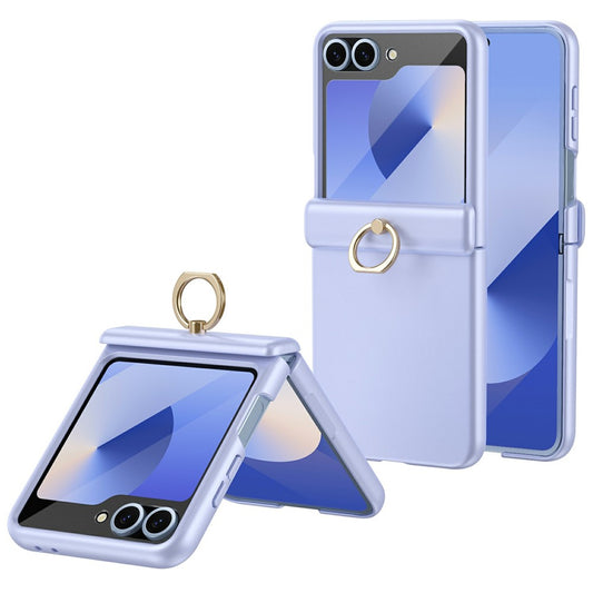 For Samsung Galaxy Z Flip7 FE 5G / Z Flip6 5G Case with Tempered Glass Film Ring Holder Kickstand PC Phone Cover - Purple