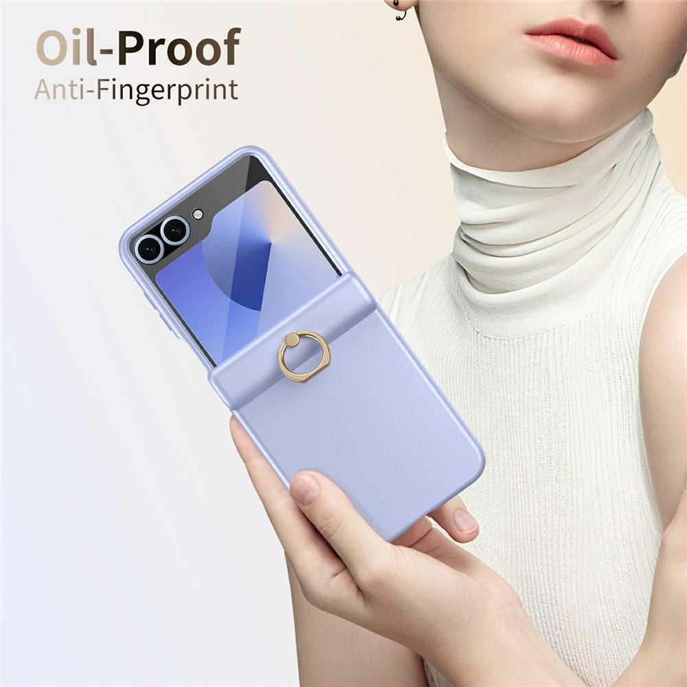 For Samsung Galaxy Z Flip7 FE 5G / Z Flip6 5G Case with Tempered Glass Film Ring Holder Kickstand PC Phone Cover - Purple