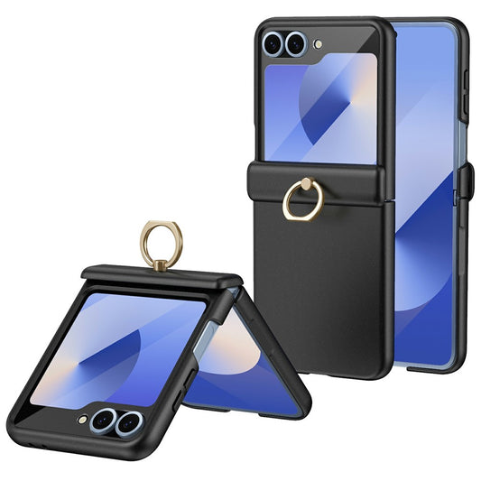 For Samsung Galaxy Z Flip7 FE 5G / Z Flip6 5G Case with Tempered Glass Film Ring Holder Kickstand PC Phone Cover - Black