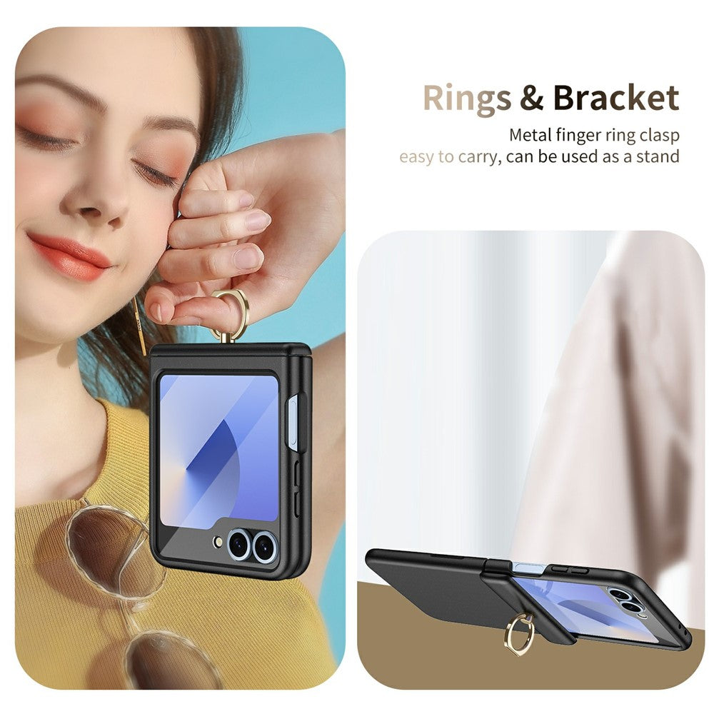 For Samsung Galaxy Z Flip7 FE 5G / Z Flip6 5G Case with Tempered Glass Film Ring Holder Kickstand PC Phone Cover - Black