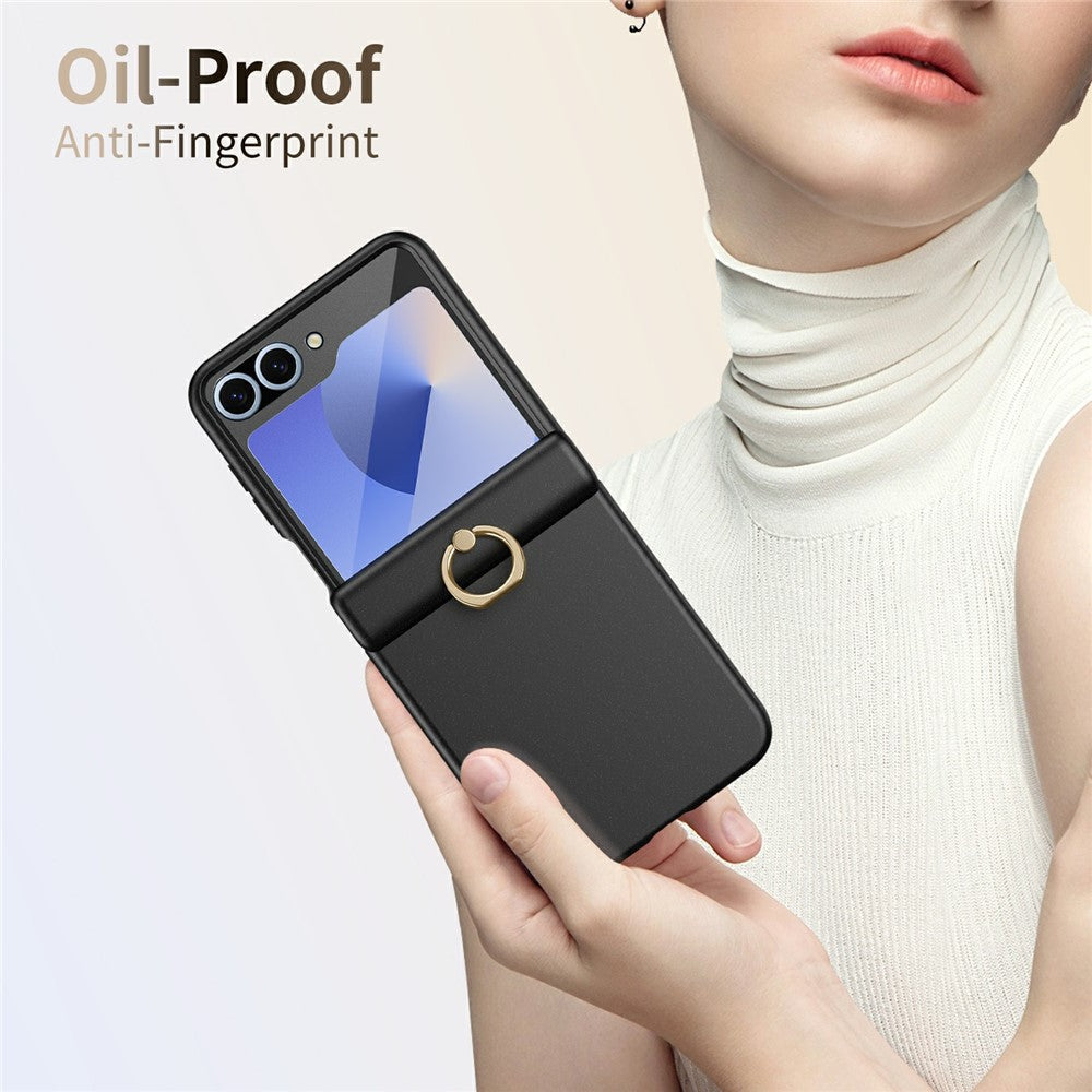 For Samsung Galaxy Z Flip7 FE 5G / Z Flip6 5G Case with Tempered Glass Film Ring Holder Kickstand PC Phone Cover - Black