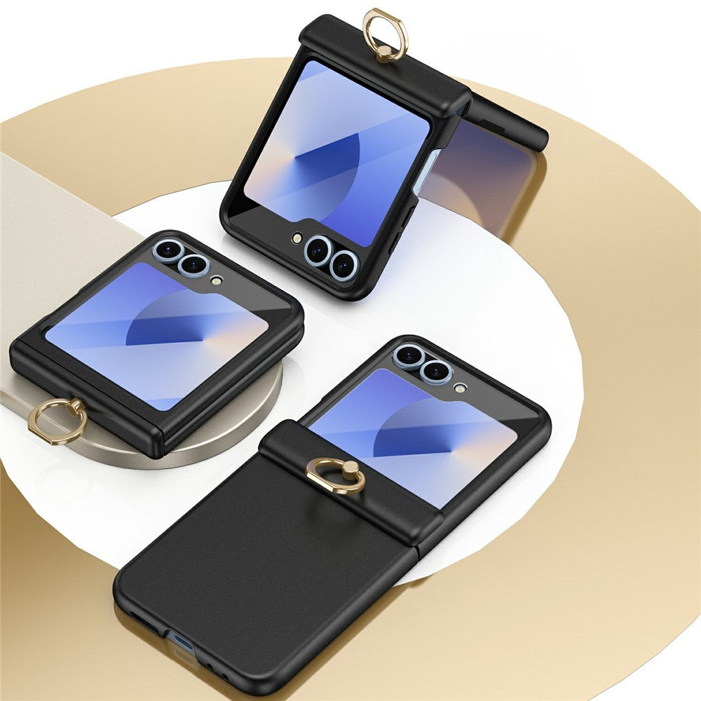 For Samsung Galaxy Z Flip7 FE 5G / Z Flip6 5G Case with Tempered Glass Film Ring Holder Kickstand PC Phone Cover - Black