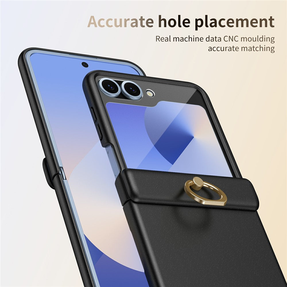 For Samsung Galaxy Z Flip7 FE 5G / Z Flip6 5G Case with Tempered Glass Film Ring Holder Kickstand PC Phone Cover - Black