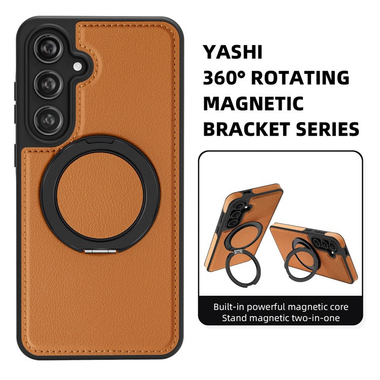 For Samsung Galaxy S24 FE Magnetic Case Rotate Ring Kickstand PU Leather+PC+TPU Back Cover - Brown