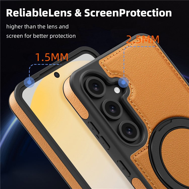 For Samsung Galaxy S24 FE Magnetic Case Rotate Ring Kickstand PU Leather+PC+TPU Back Cover - Brown