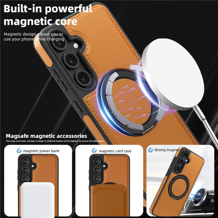 For Samsung Galaxy S24 FE Magnetic Case Rotate Ring Kickstand PU Leather+PC+TPU Back Cover - Brown