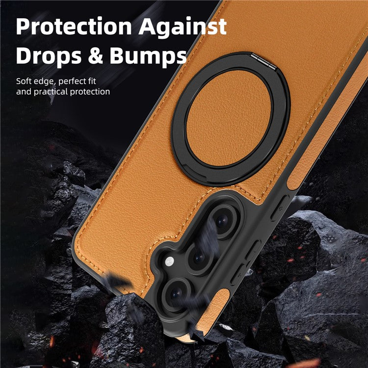 For Samsung Galaxy S24 FE Magnetic Case Rotate Ring Kickstand PU Leather+PC+TPU Back Cover - Brown