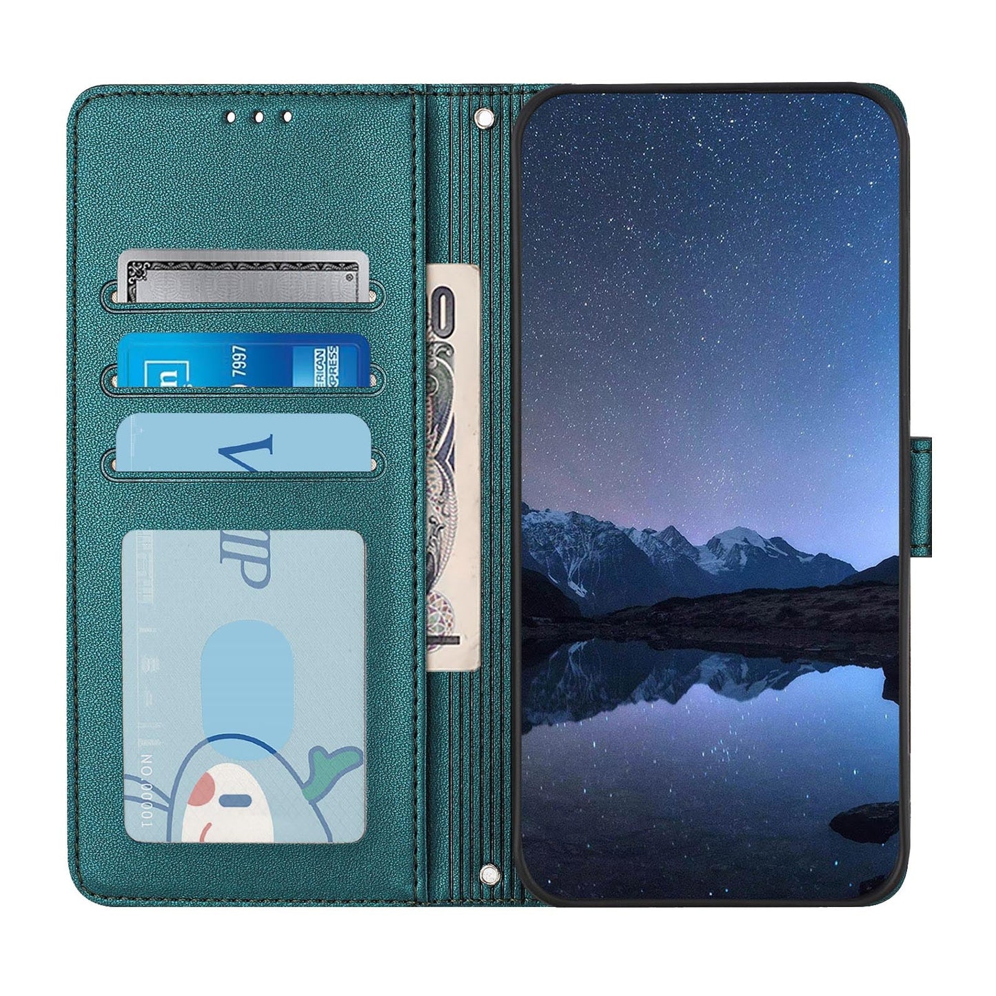 For iPhone 16 Case with Strap RFID Blocking Leather Wallet Phone Cover Cat Mouse Pattern - Dark Green
