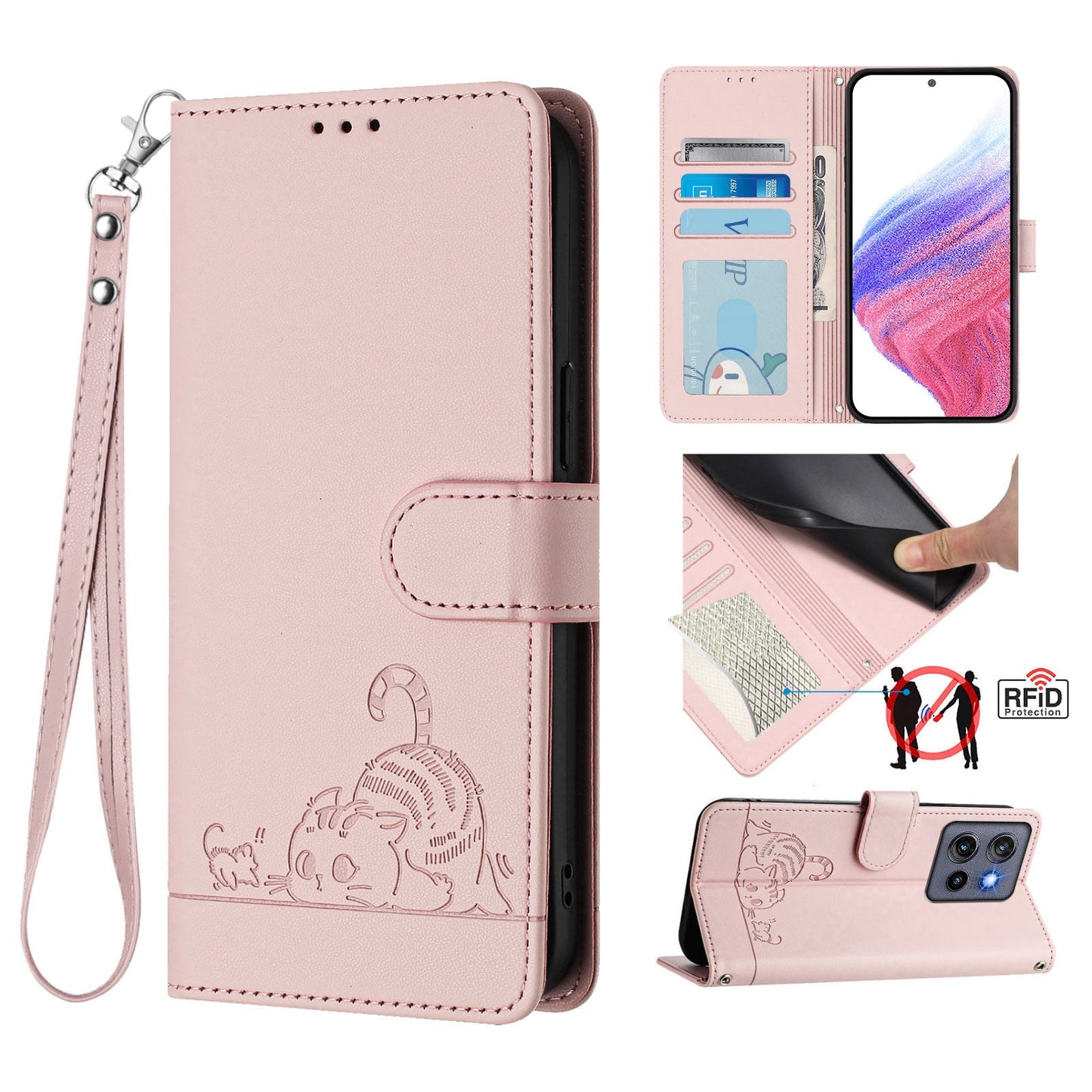 For Motorola Edge 50 Neo 5G Case with Strap RFID Blocking Leather Wallet Phone Cover Cat Mouse Pattern - Pink
