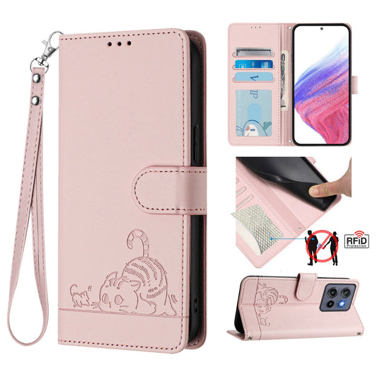 For Motorola Edge 50 Neo 5G Case with Strap RFID Blocking Leather Wallet Phone Cover Cat Mouse Pattern - Pink