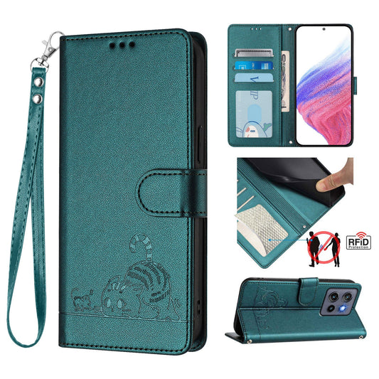 For Motorola Edge 50 Neo 5G Case with Strap RFID Blocking Leather Wallet Phone Cover Cat Mouse Pattern - Dark Green