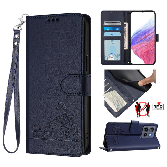 For Motorola Edge 50 Neo 5G Case with Strap RFID Blocking Leather Wallet Phone Cover Cat Mouse Pattern - Sapphire