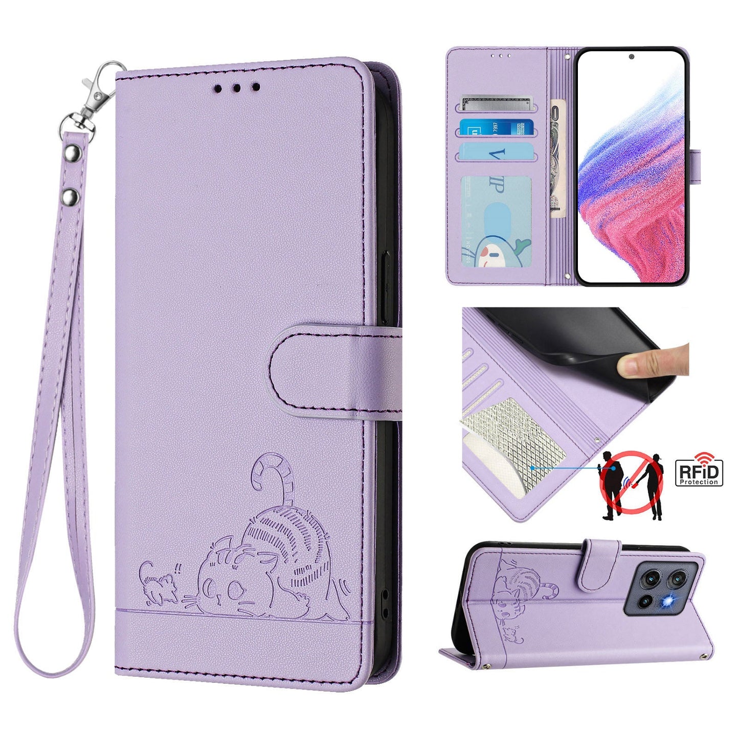 For Motorola Edge 50 Neo 5G Case with Strap RFID Blocking Leather Wallet Phone Cover Cat Mouse Pattern - Purple