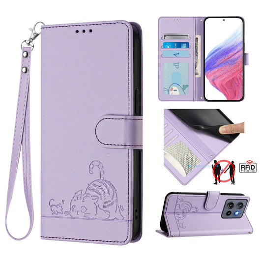 For Motorola Edge 50 Neo 5G Case with Strap RFID Blocking Leather Wallet Phone Cover Cat Mouse Pattern - Purple