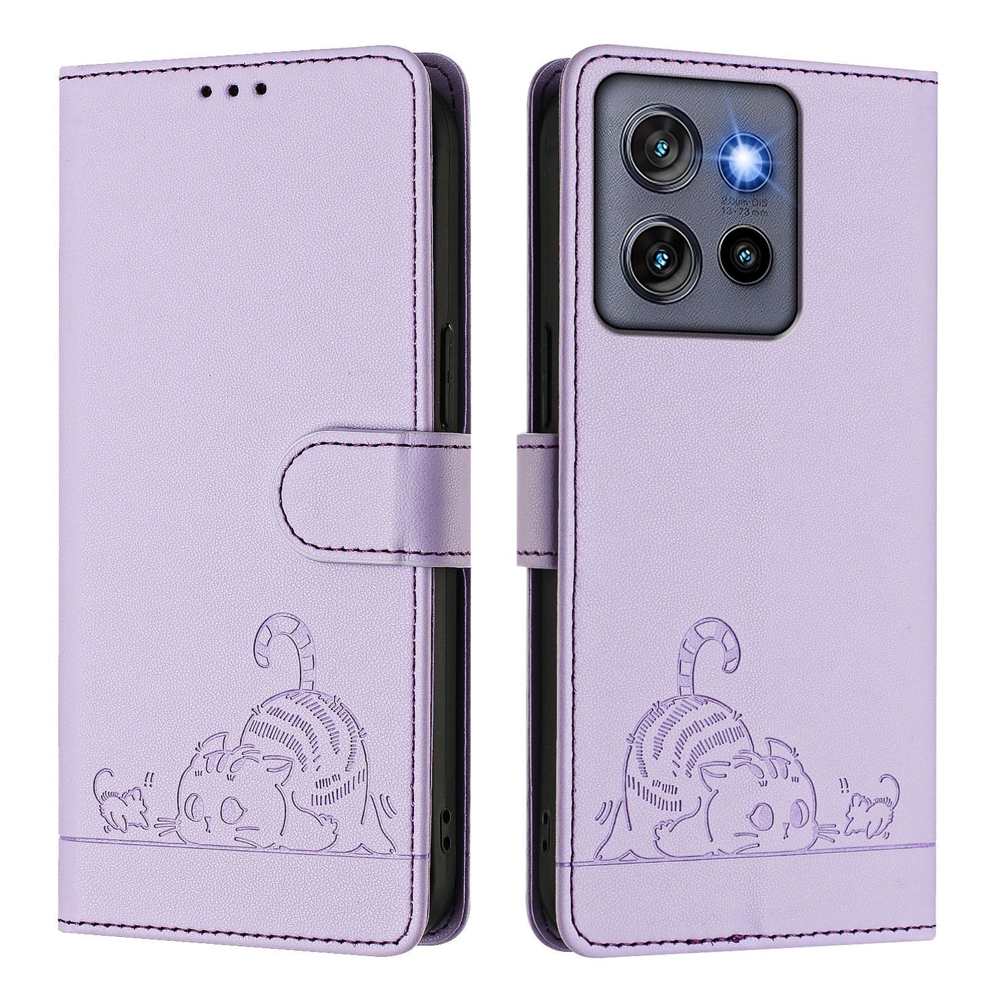 For Motorola Edge 50 Neo 5G Case with Strap RFID Blocking Leather Wallet Phone Cover Cat Mouse Pattern - Purple