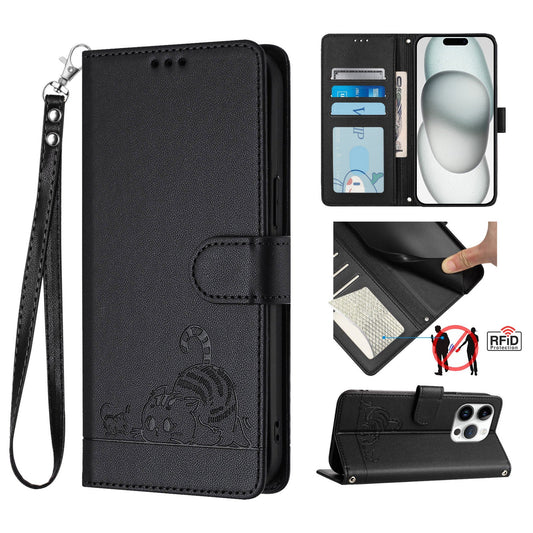 For Google Pixel 9a Case with Strap RFID Blocking Leather Wallet Phone Cover Cat Mouse Pattern - Black