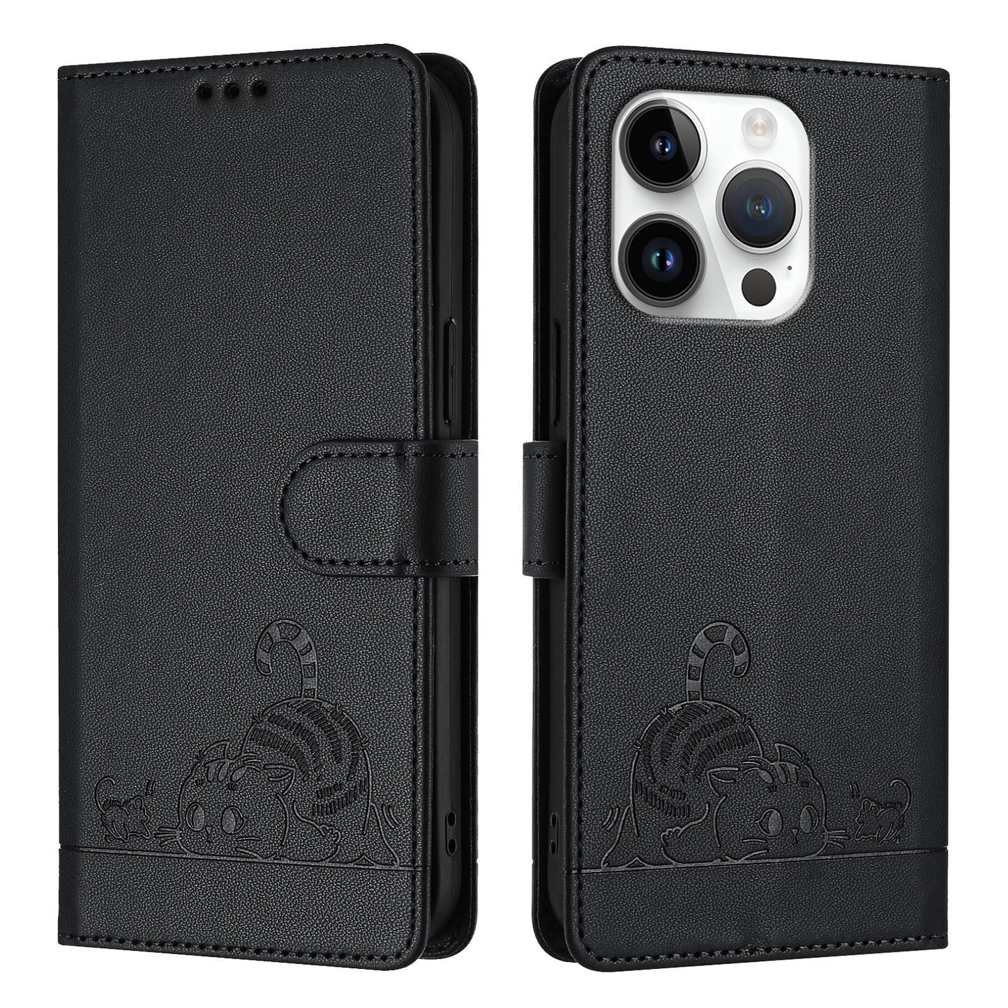 For Google Pixel 9a Case with Strap RFID Blocking Leather Wallet Phone Cover Cat Mouse Pattern - Black