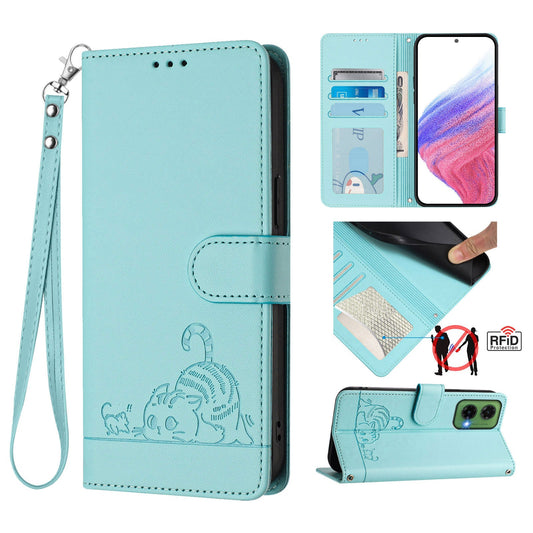 For Google Pixel 9a Case with Strap RFID Blocking Leather Wallet Phone Cover Cat Mouse Pattern - Mint Green