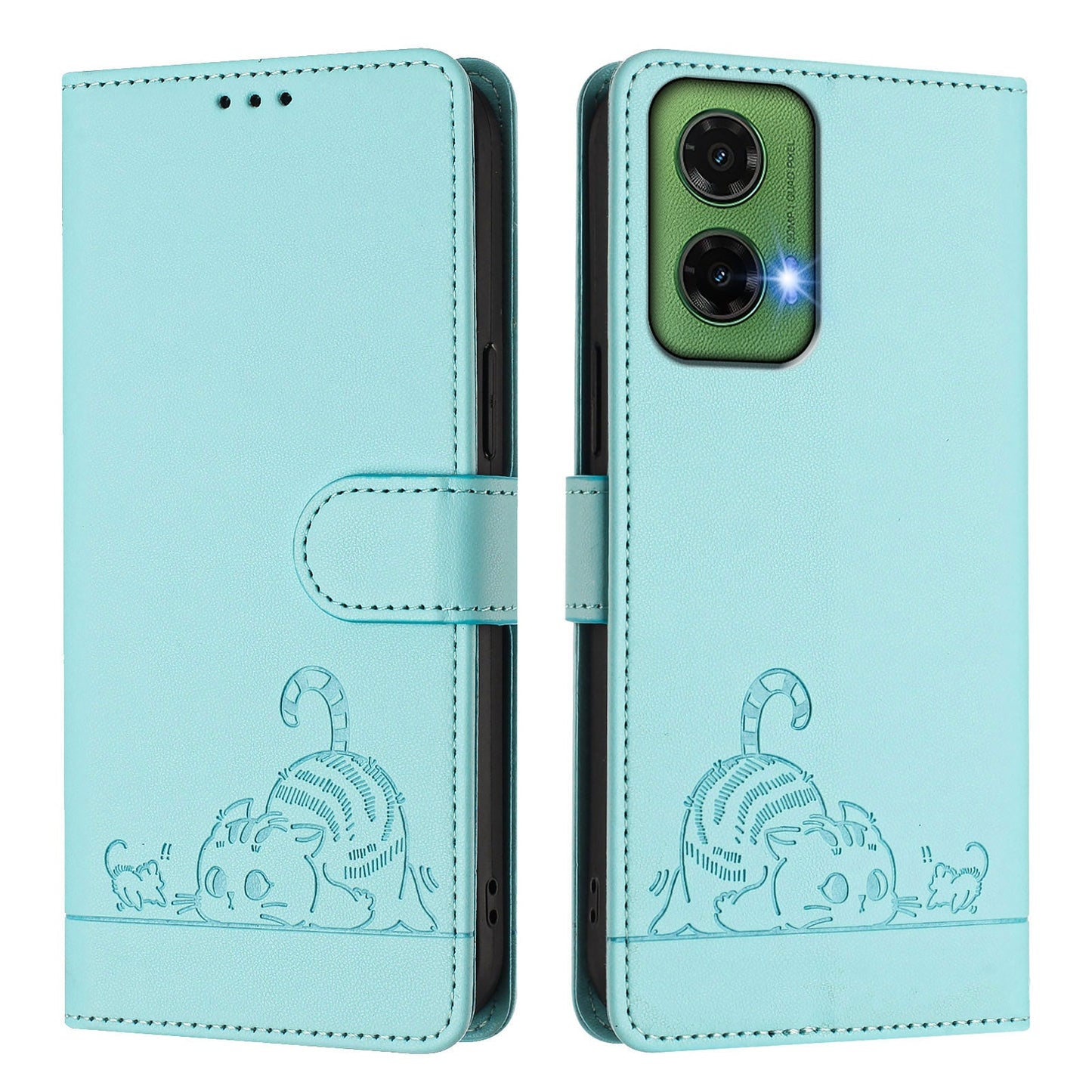 For Google Pixel 9a Case with Strap RFID Blocking Leather Wallet Phone Cover Cat Mouse Pattern - Mint Green