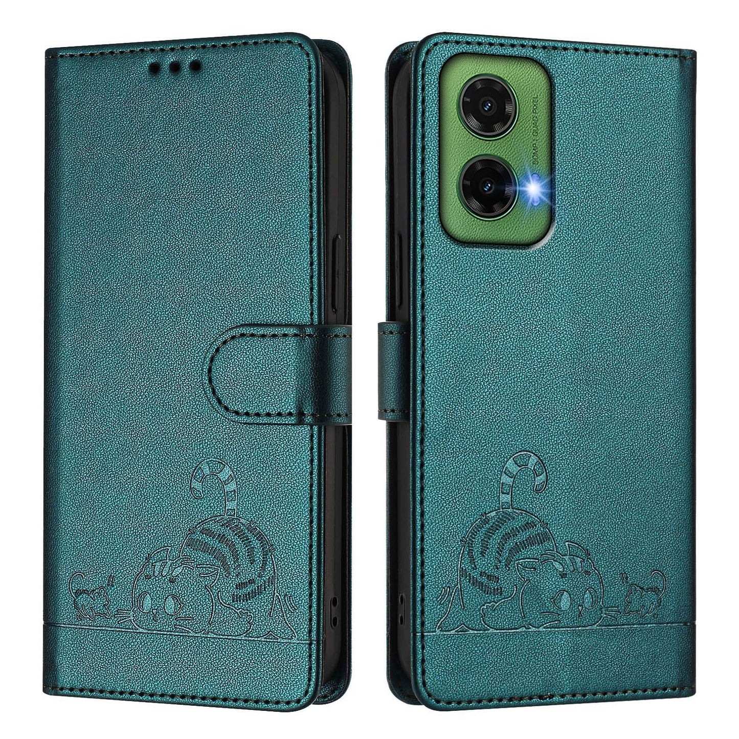 For Google Pixel 9a Case with Strap RFID Blocking Leather Wallet Phone Cover Cat Mouse Pattern - Dark Green