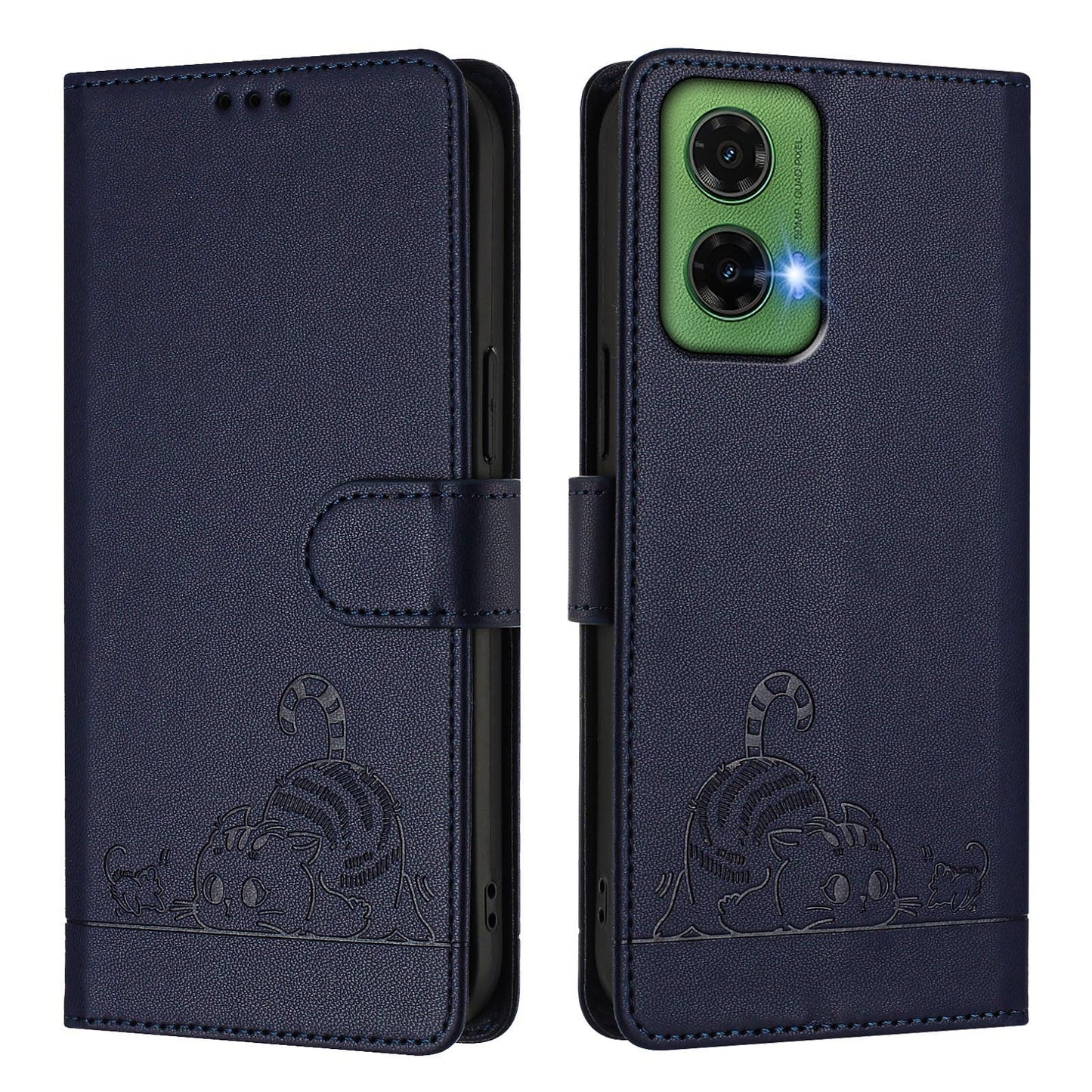 For Google Pixel 9a Case with Strap RFID Blocking Leather Wallet Phone Cover Cat Mouse Pattern - Sapphire