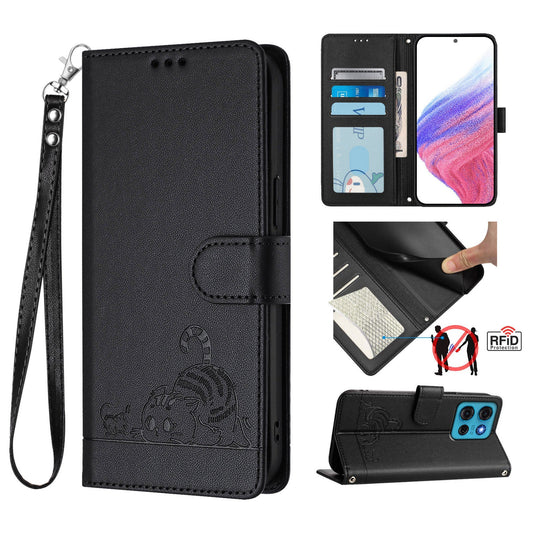 For Motorola Moto G75 5G Case with Strap RFID Blocking Leather Wallet Phone Cover Cat Mouse Pattern - Black