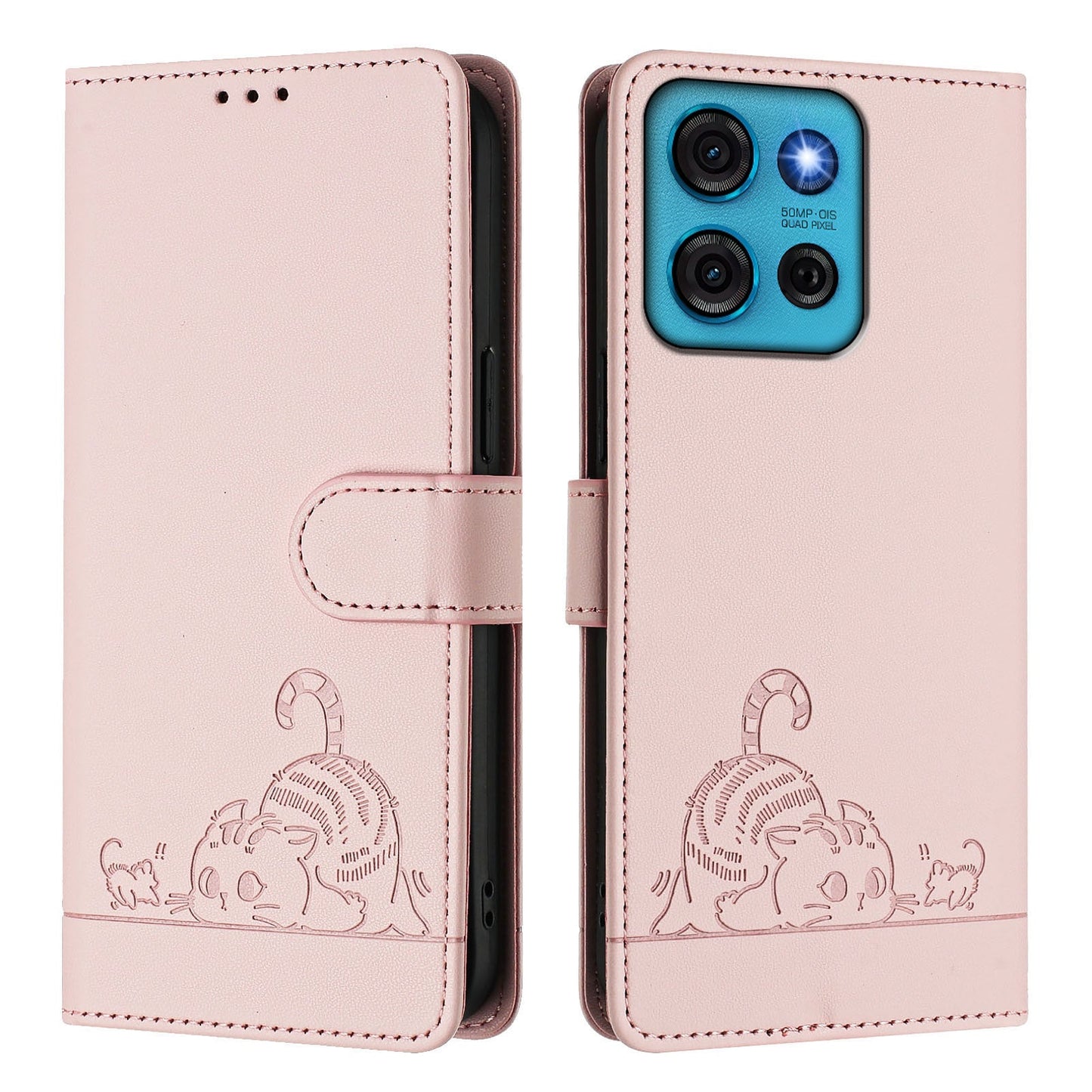 For Motorola Moto G75 5G Case with Strap RFID Blocking Leather Wallet Phone Cover Cat Mouse Pattern - Pink